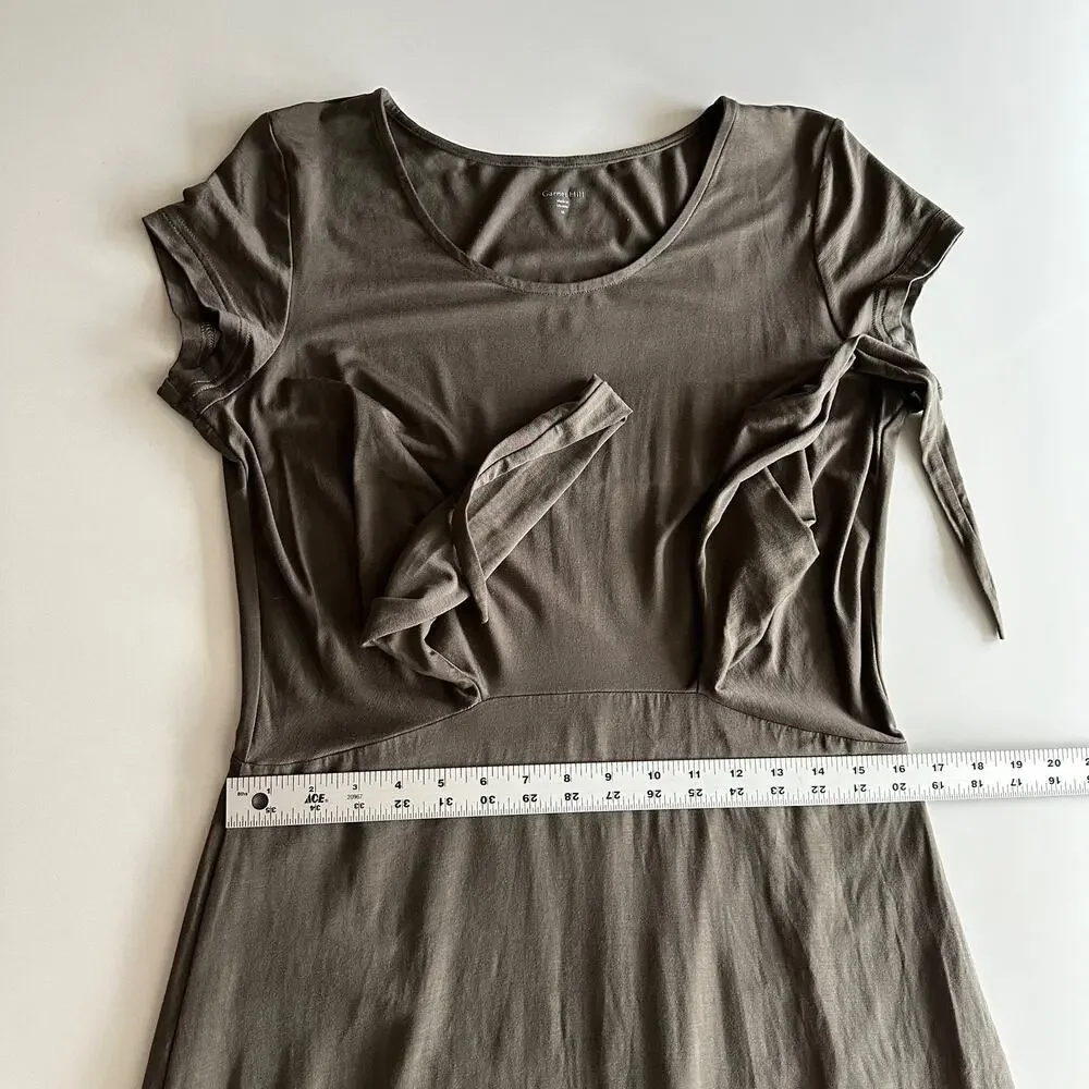 Garnet Hill Tencel Blend Draped Tie Front Short Sleeve‎ Maxi Grey Brown Dress M